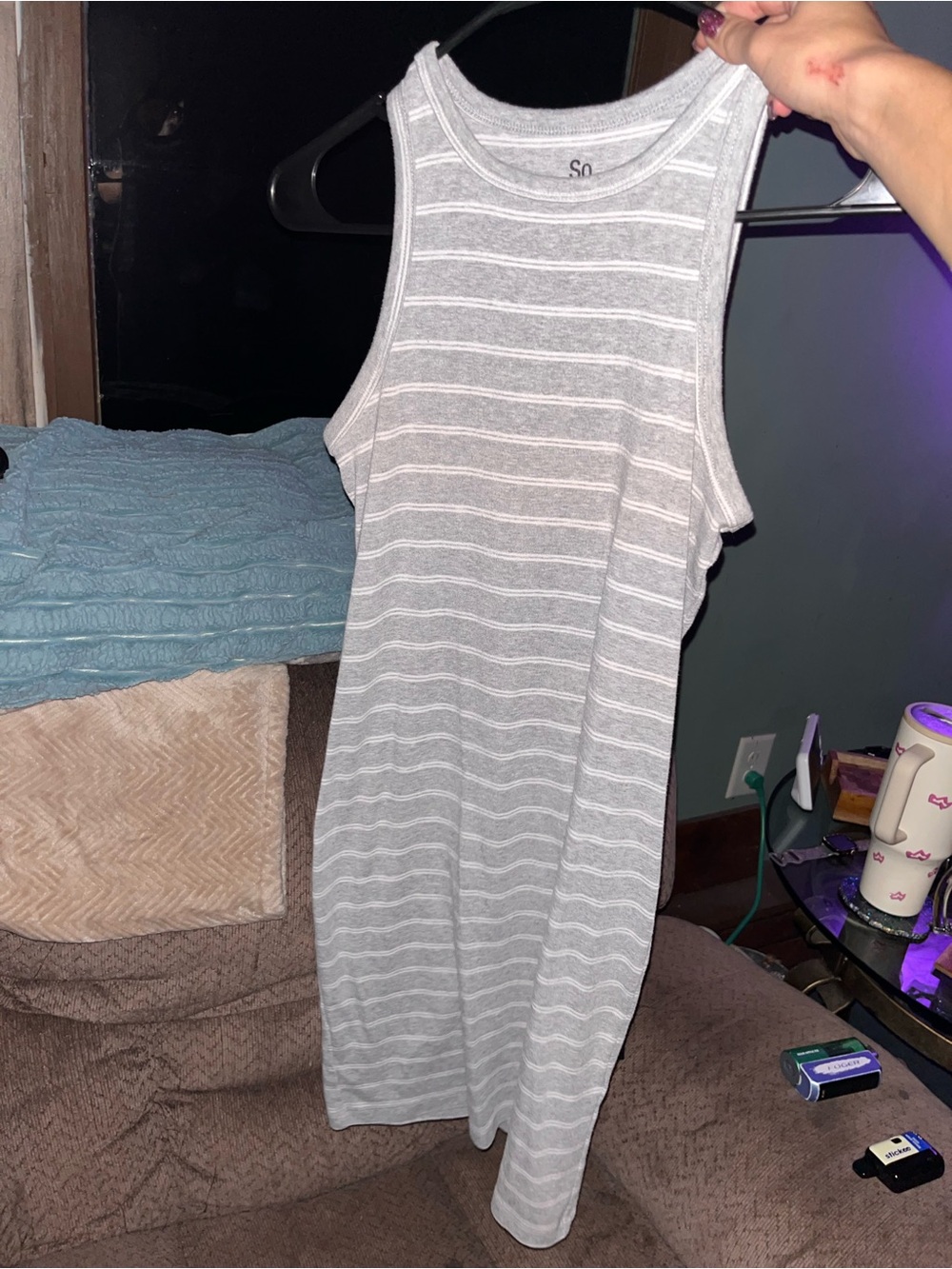 SO Grey and White Striped Sleeveless Midi Dress